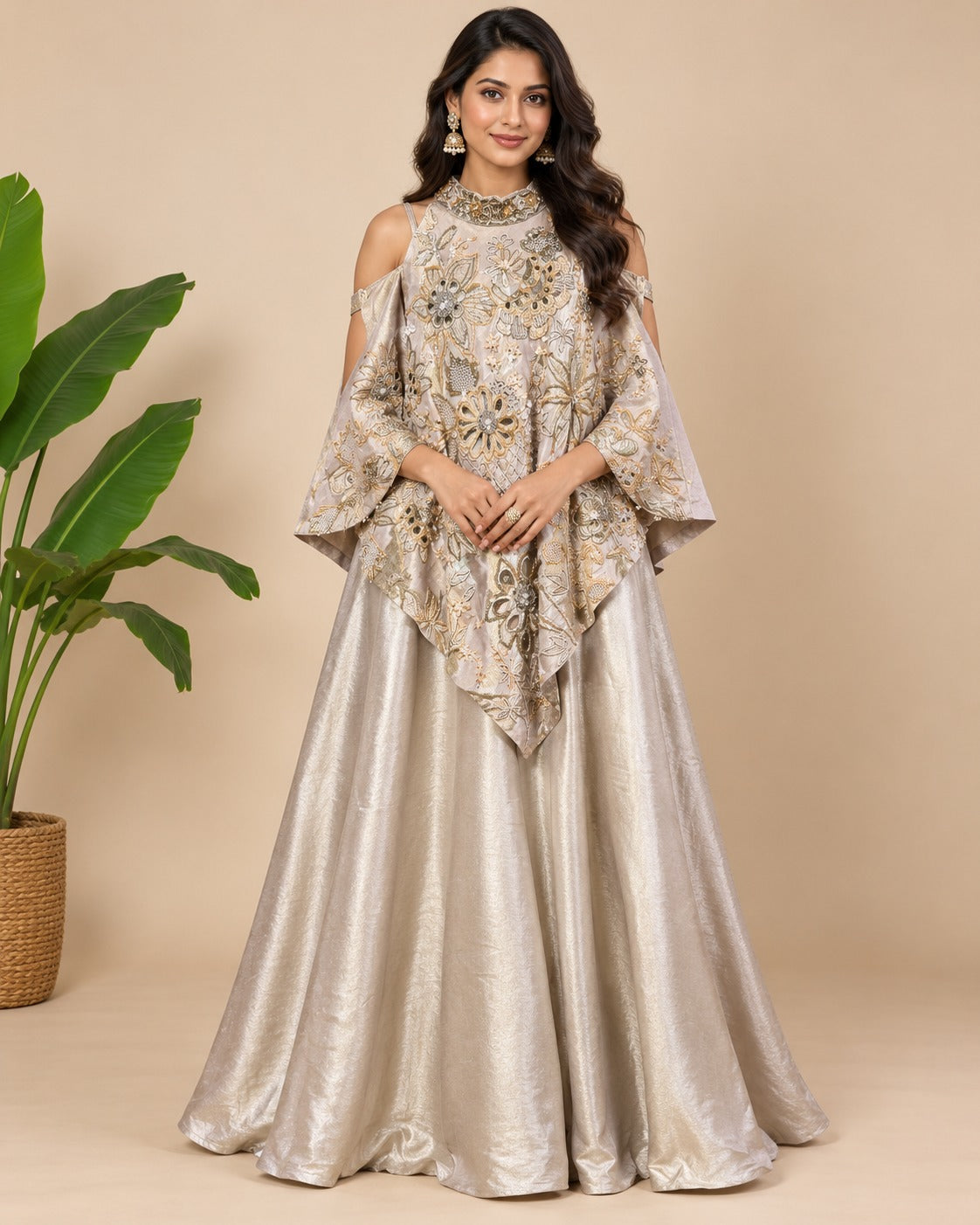 Embroidered Champagne Gold Cape Gown
