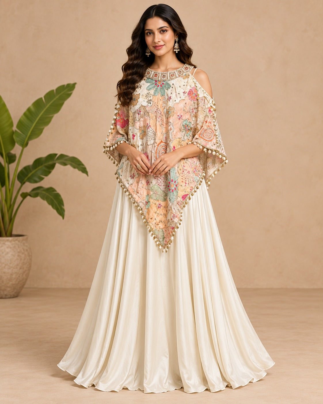 Floral Printed Cold-Shoulder Cape Gown