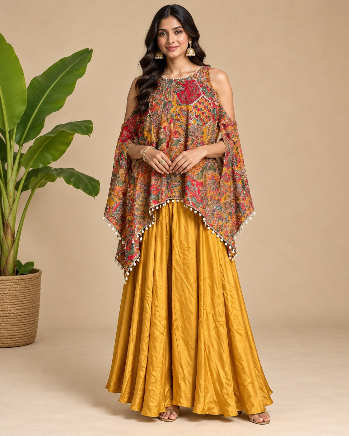 Printed Cold-Shoulder Cape Gown Set