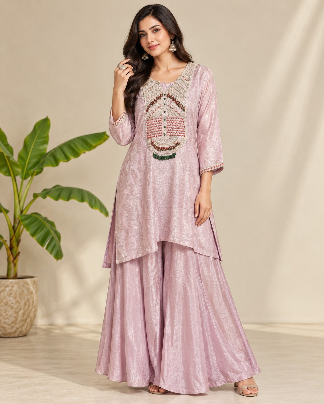 Embroidered Mauve Straight Sharara Suit Set