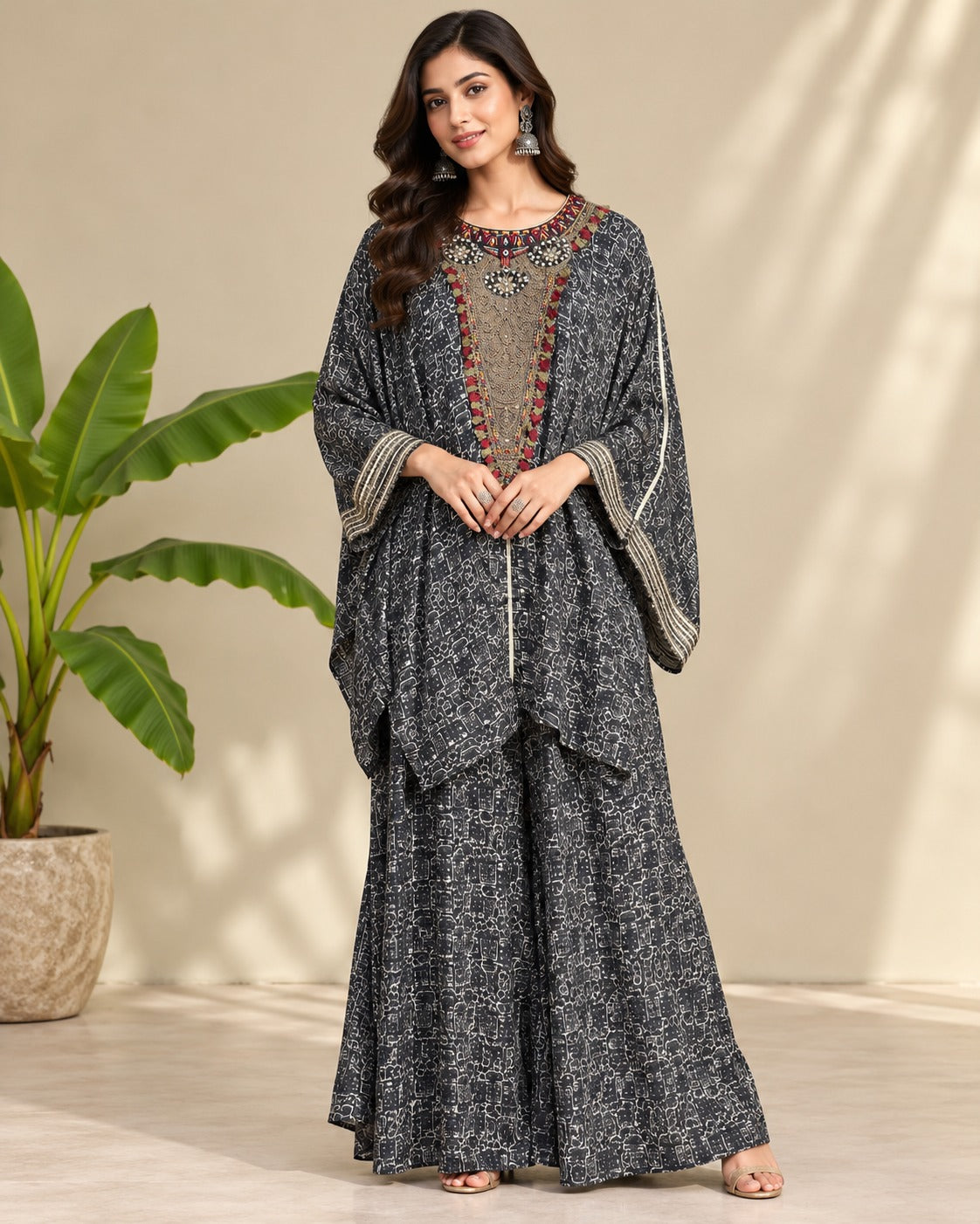 Printed Black Kaftan Sharara Suit Set