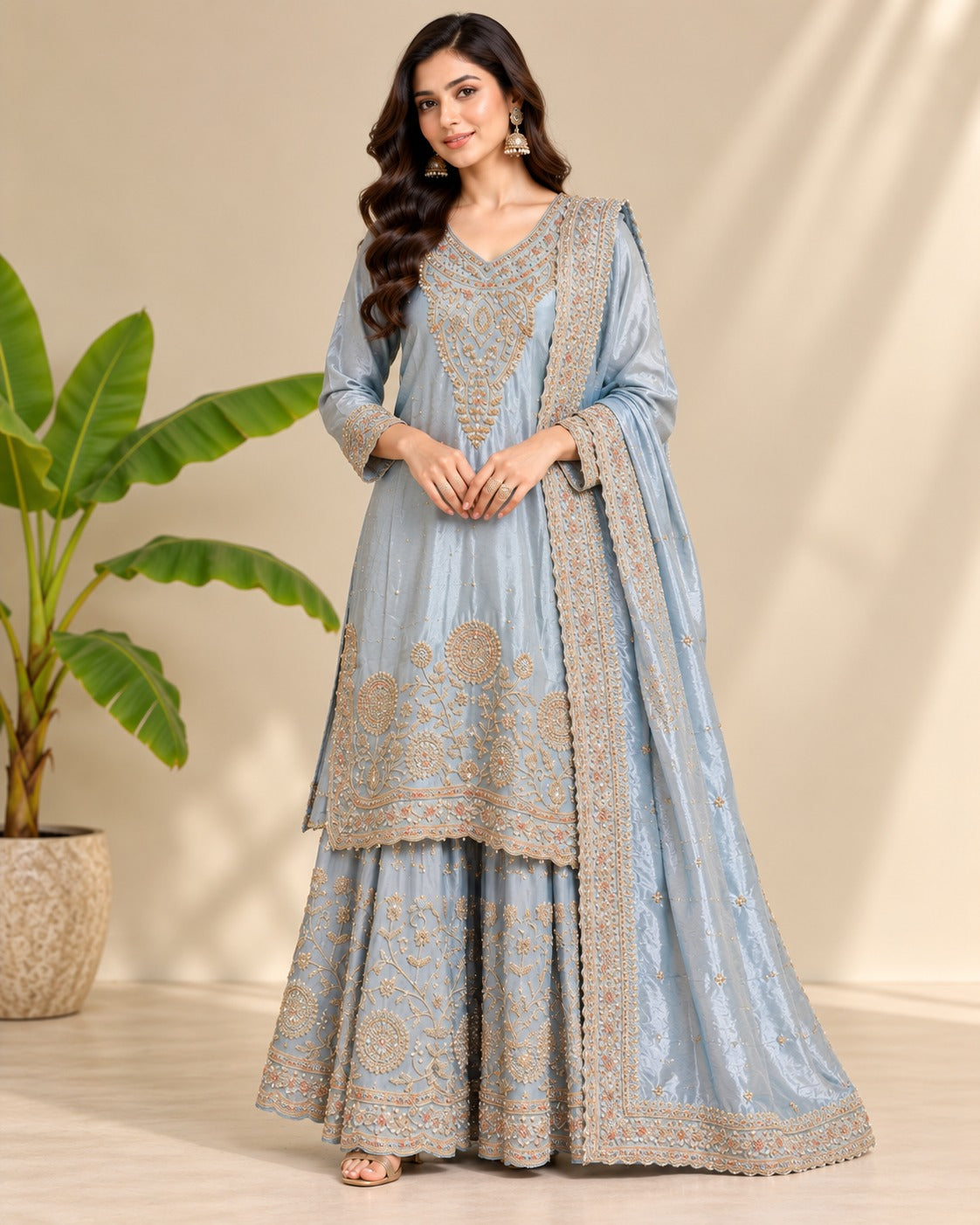 Embroidered Grey Straight Sharara Suit Set