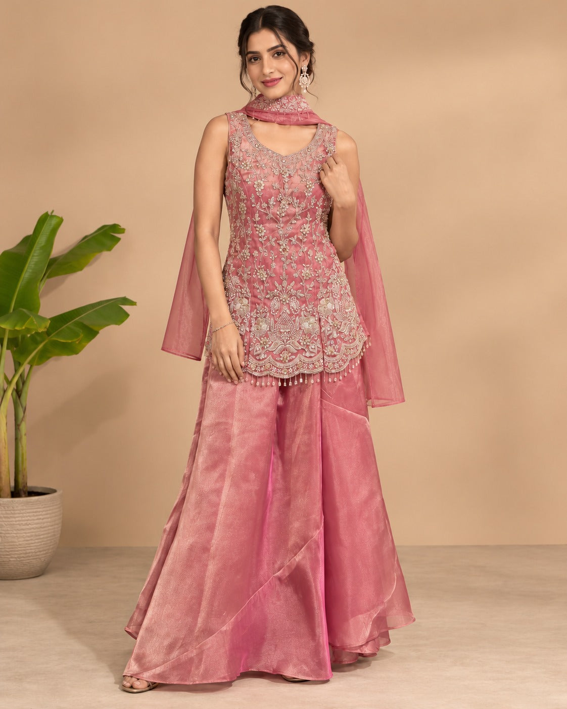 Embroidered Pink Scalloped Sharara Suit Set