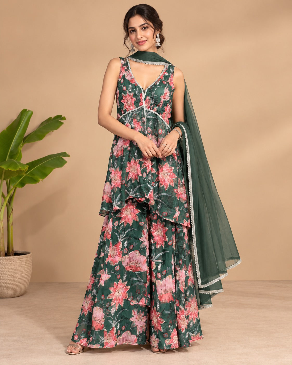 Floral Printed Peplum Sharara Suit Set