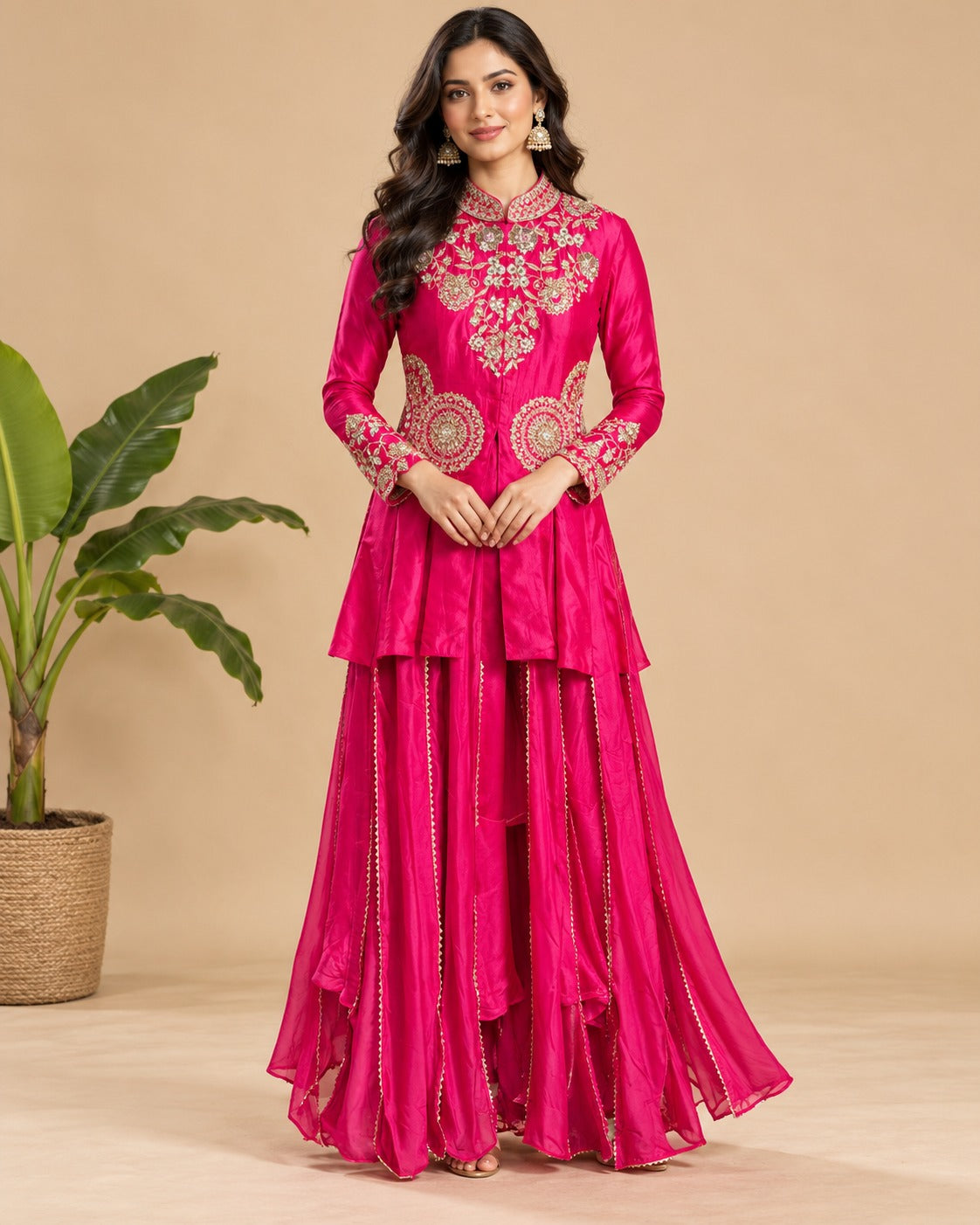 Embroidered Magenta Jacket Sharara Suit Set