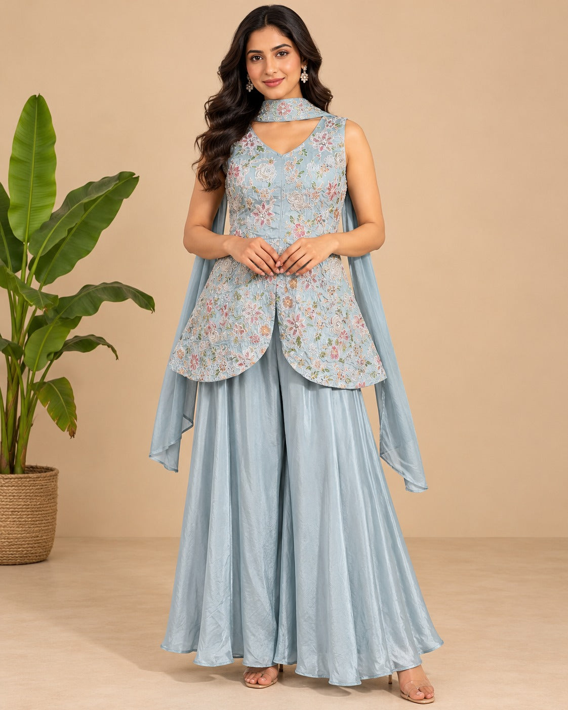 Floral Embroidered Powder Blue Sharara Set
