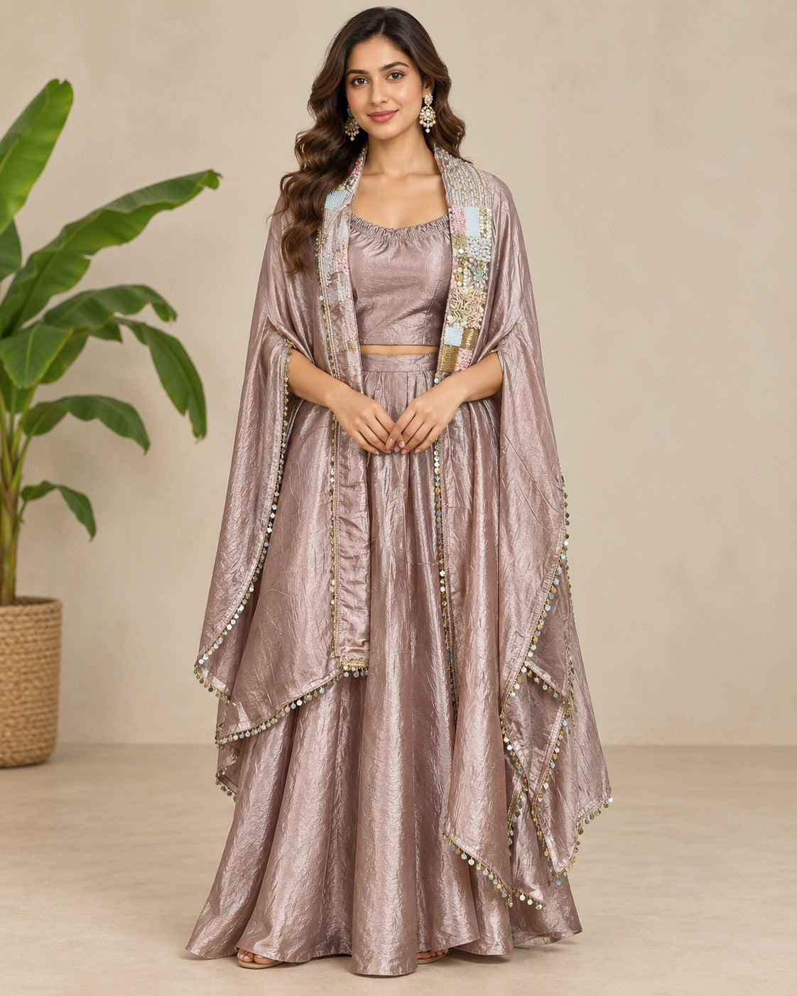 Embroidered Taupe Mauve Cape Lehenga Set