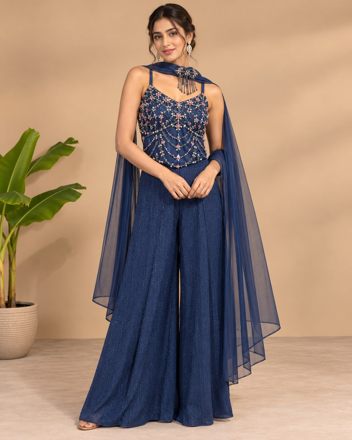 Embroidered Royal Blue Corset Sharara Set