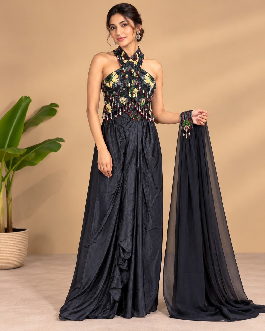 Embroidered Black Halter Draped Gown Set