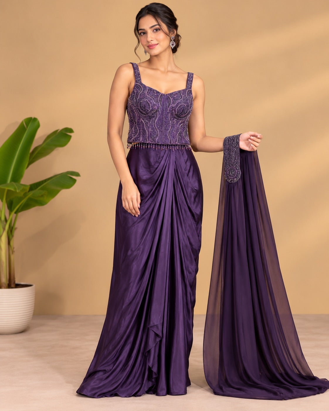 Embroidered Deep Purple Draped Skirt Set