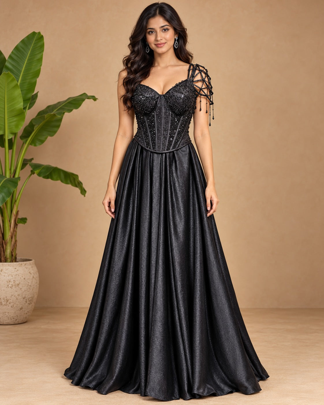 Embroidered Black Corset Flared Gown Set
