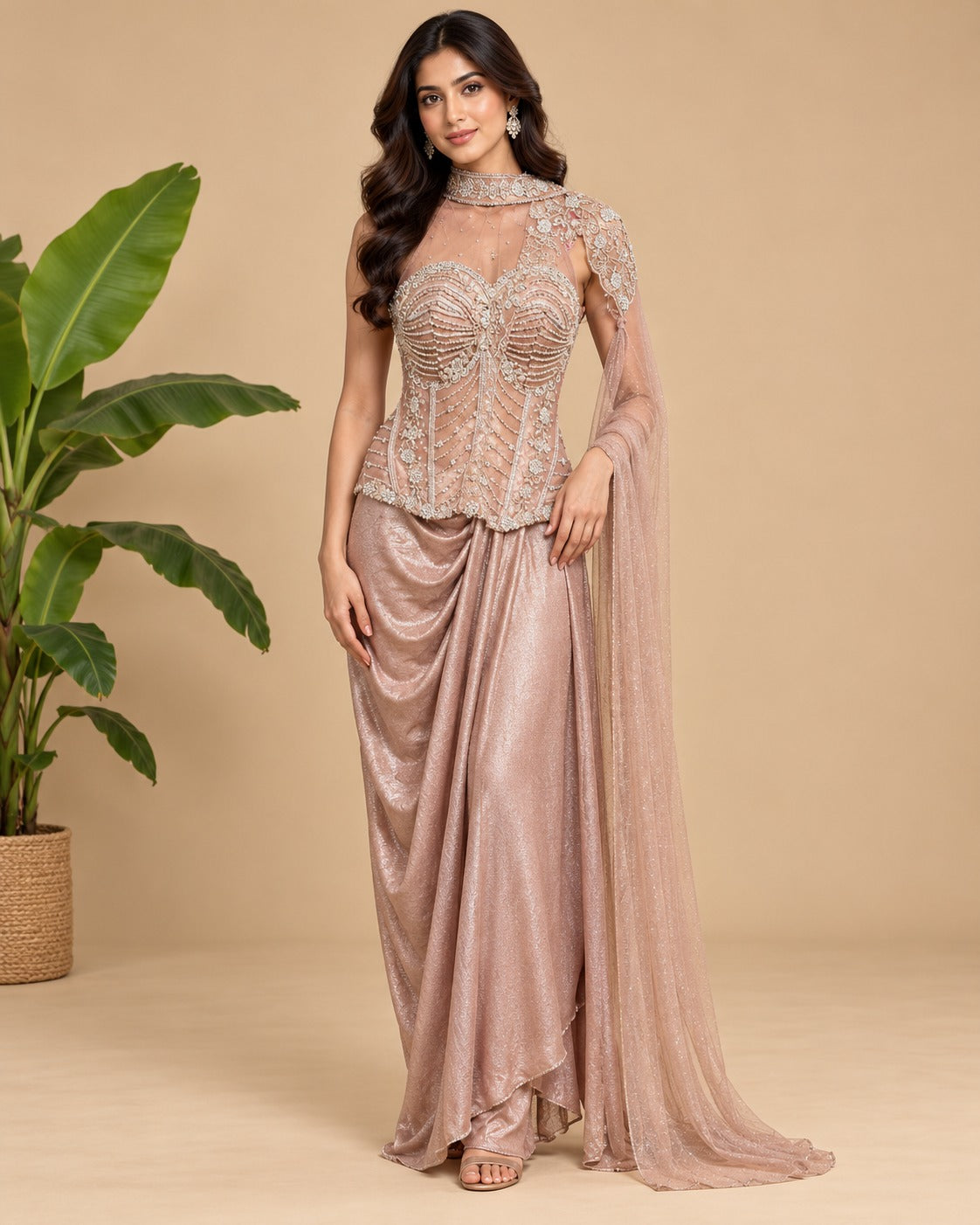 Embroidered Rose Gold Draped Gown Set