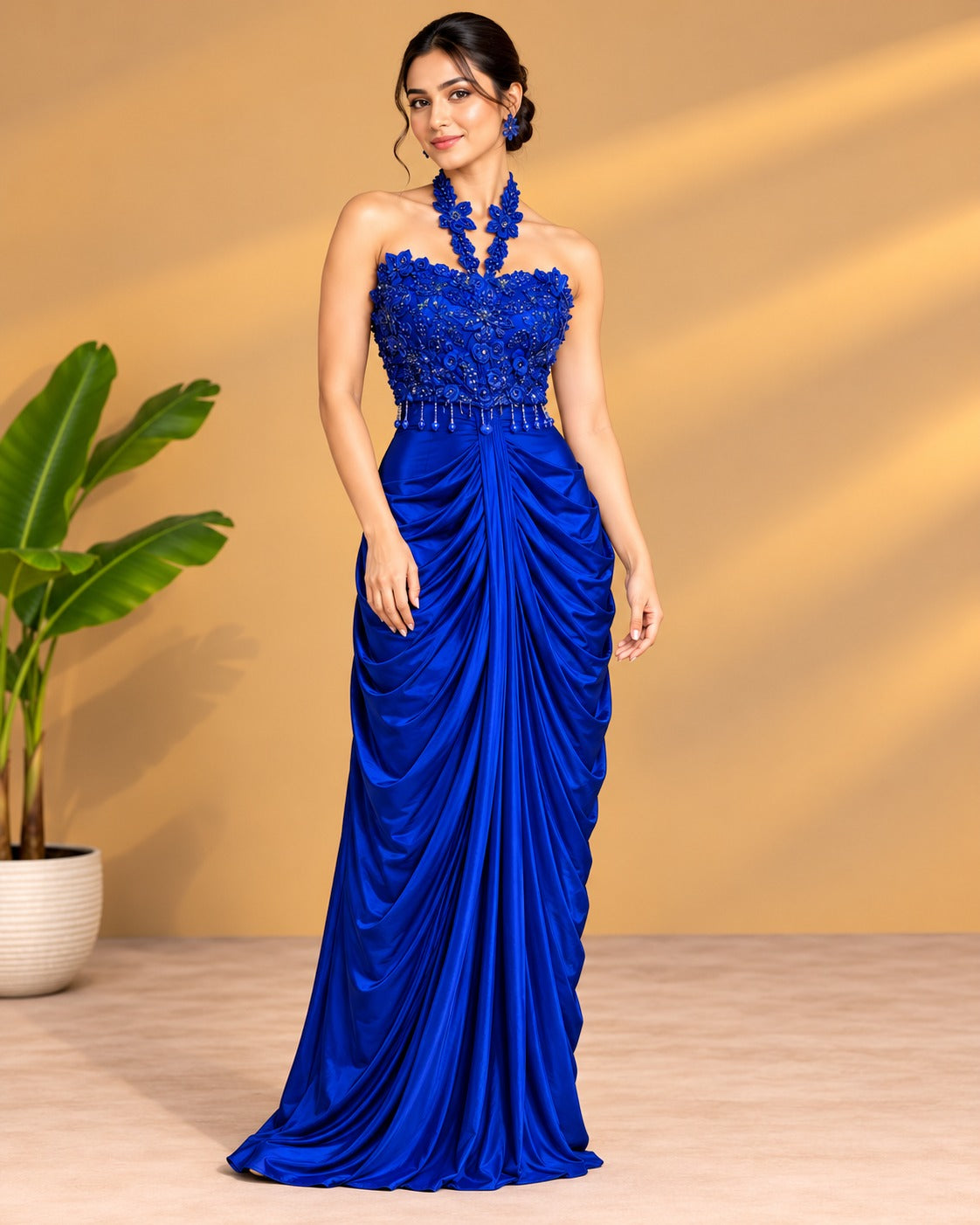Embroidered Electric Blue Halter Draped Gown