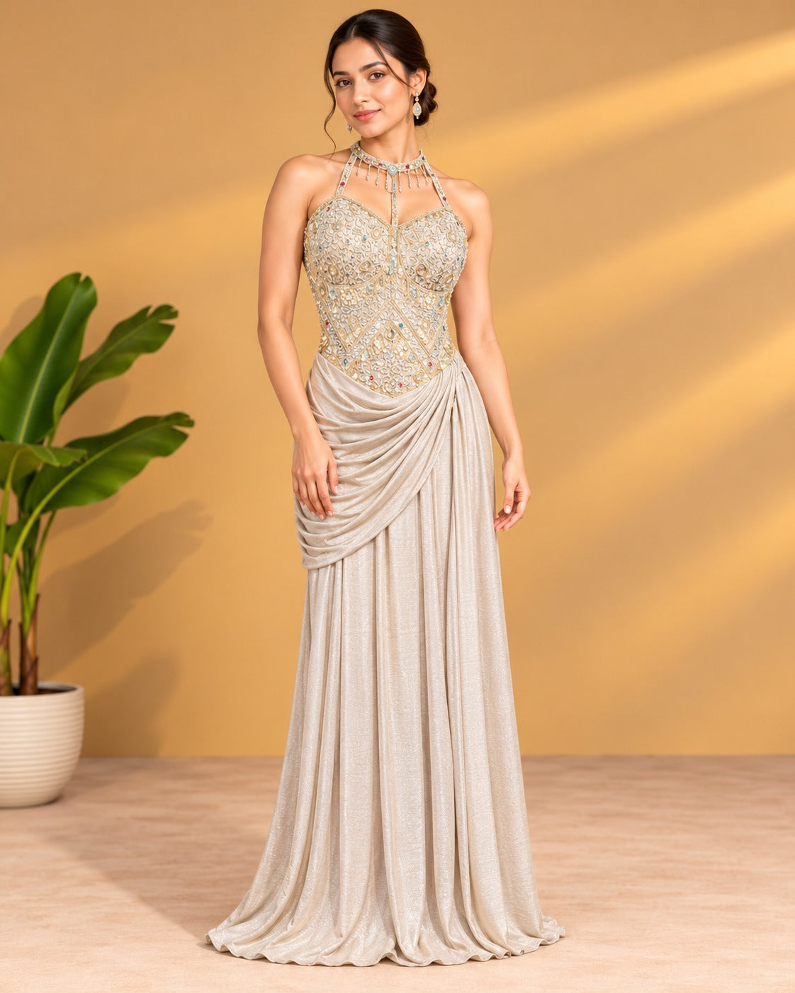 Embroidered Champagne Gold Halter Draped Gown