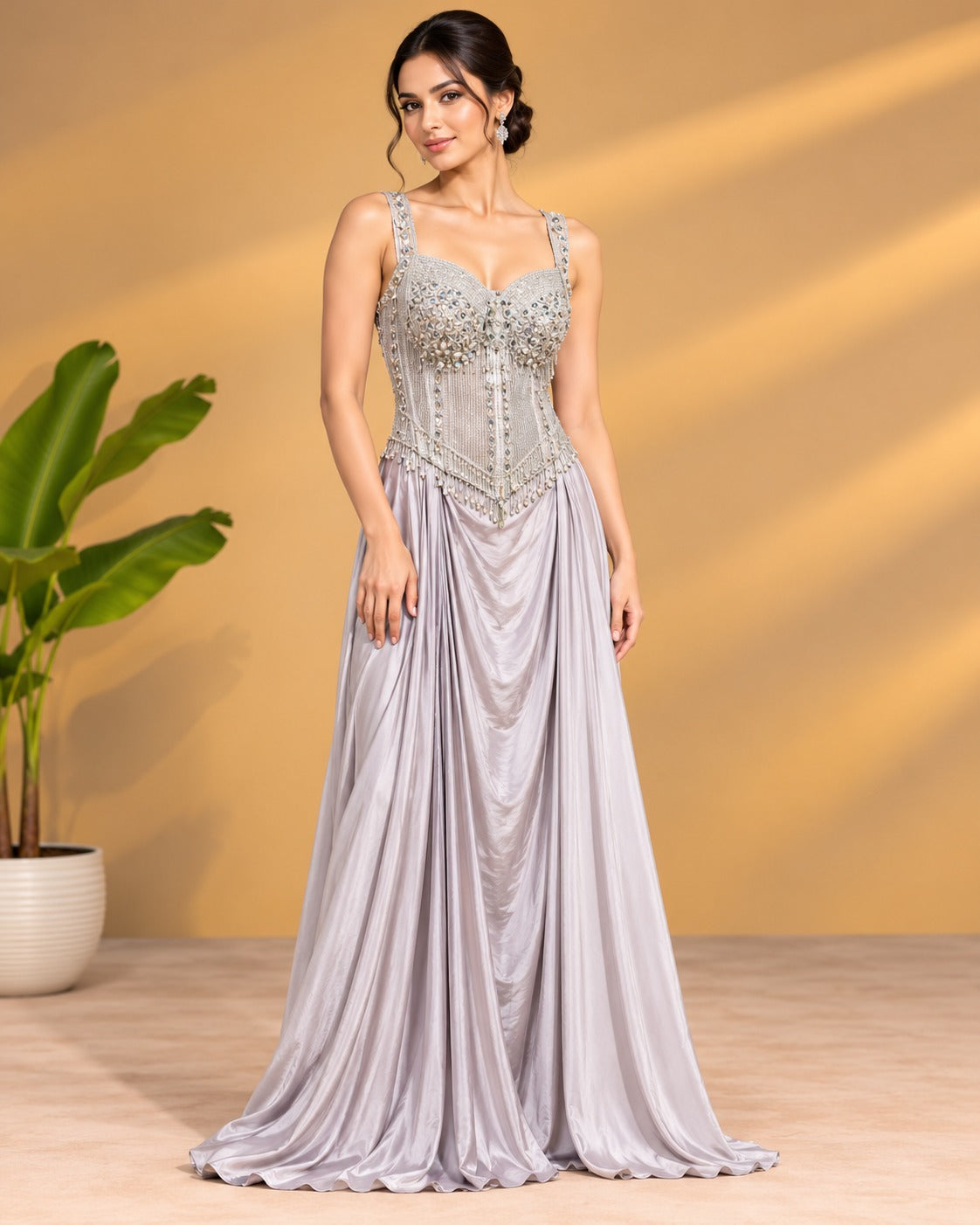 Embroidered Grey Corset Draped Gown Set