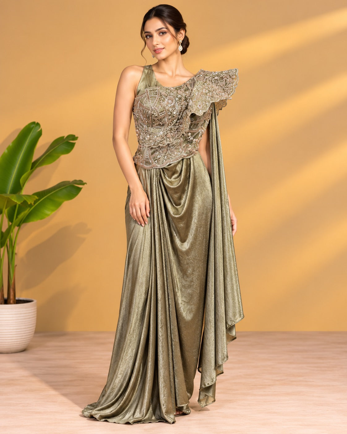 Embroidered Olive Gold Draped Gown Set