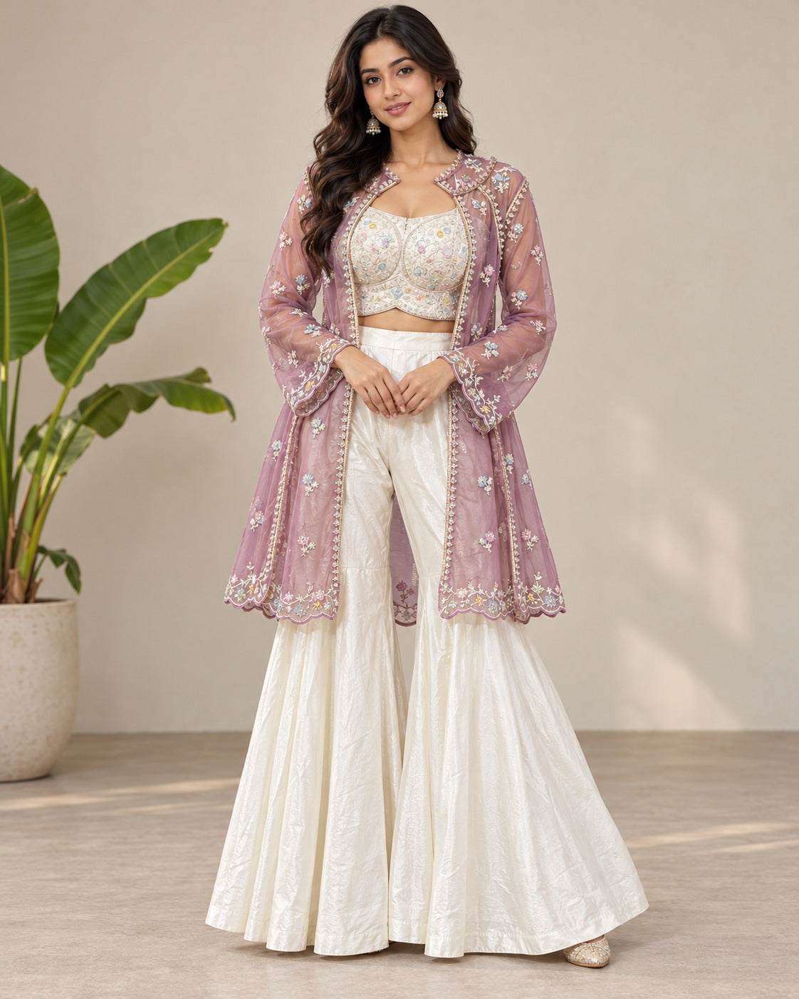Embroidered Mauve Jacket Sharara Suit Set Main image