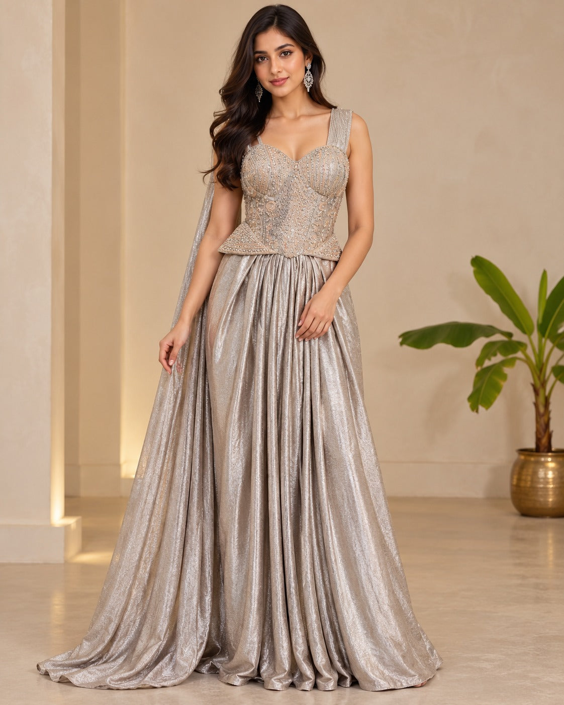 Embroidered Champagne Gold Corset Gown Set Main image