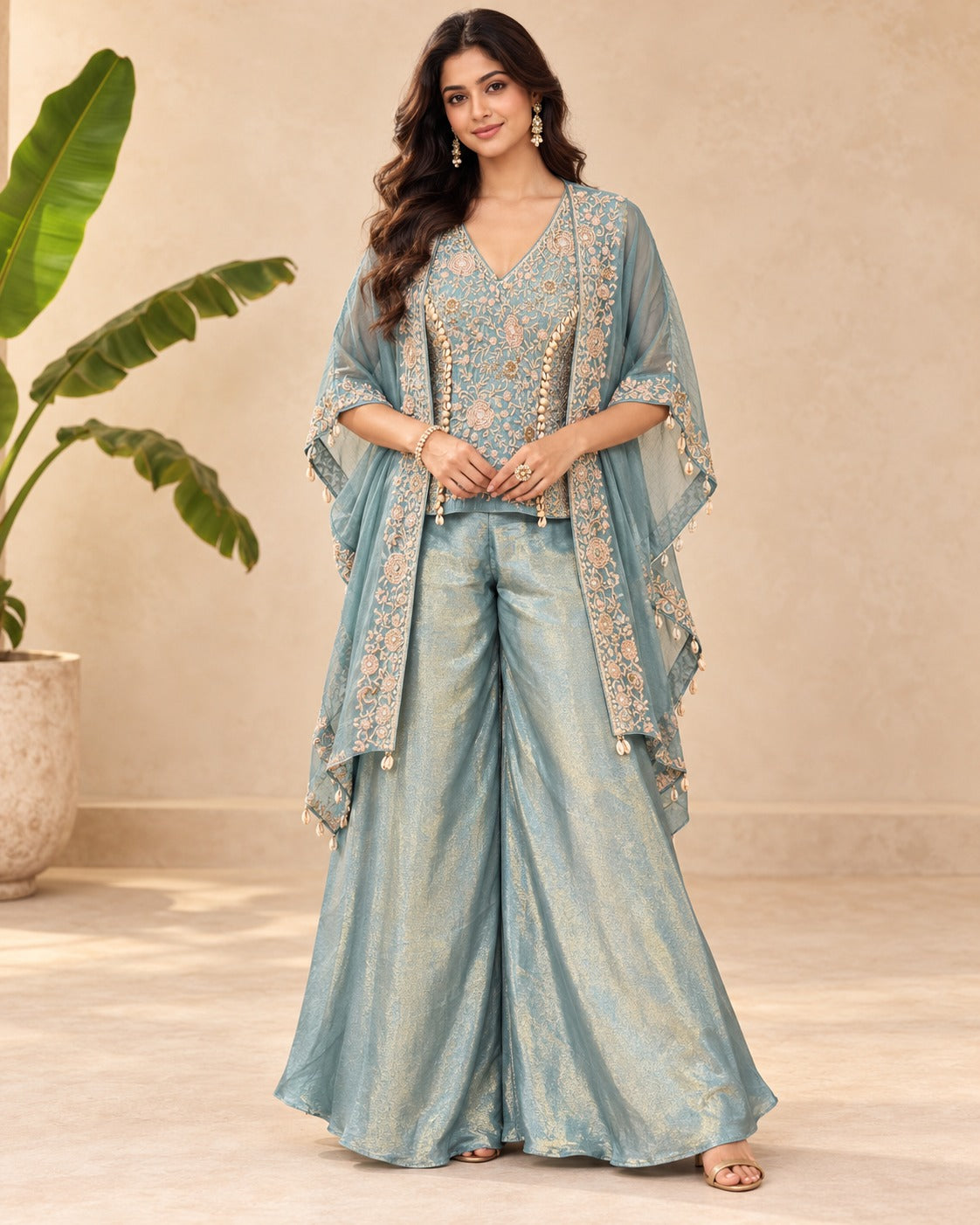 Embroidered Dust Blue Cape Sharara Set