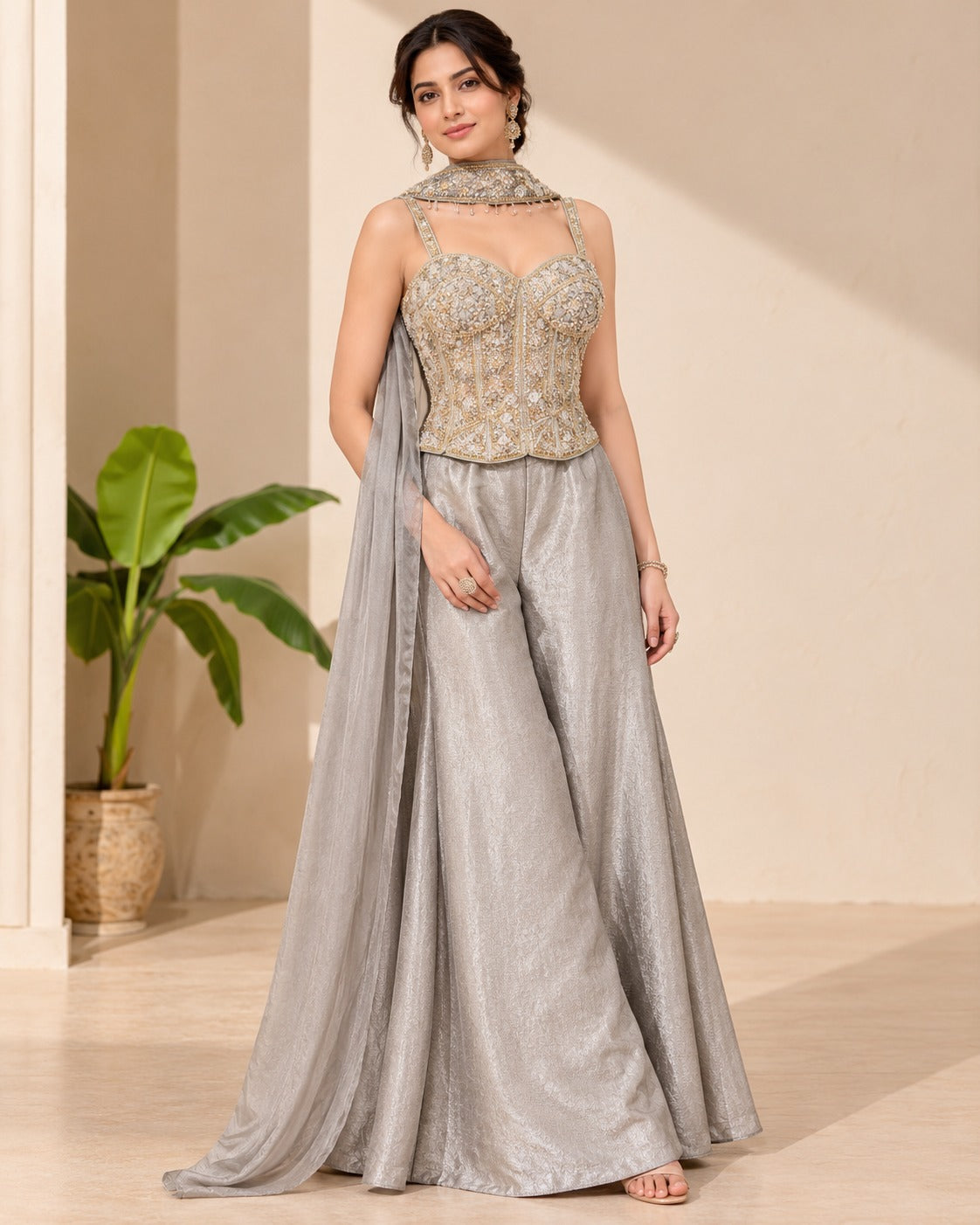 Embroidered Silver Grey Corset Palazzo Set Main image