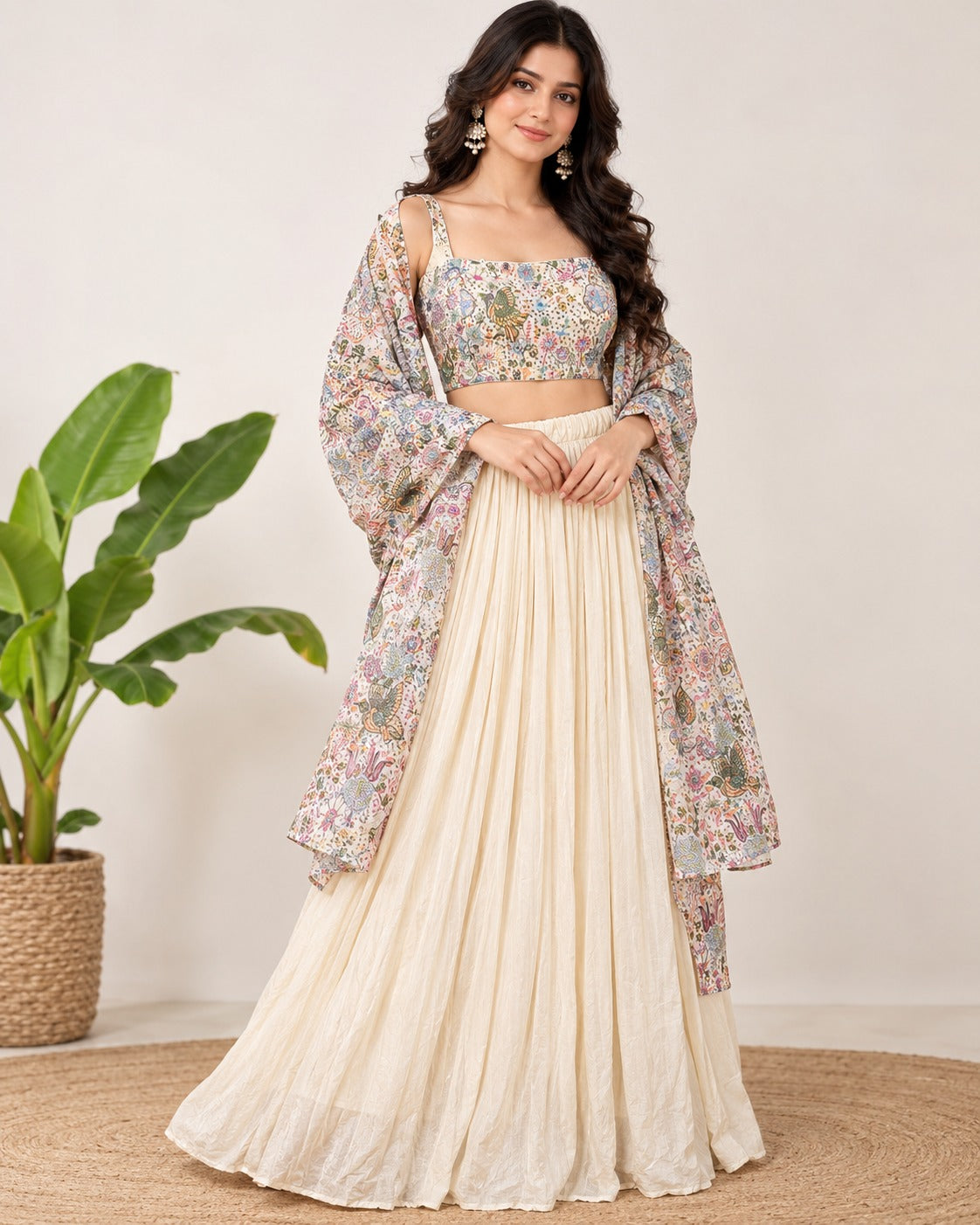 Printed Floral Off White Skirt Set