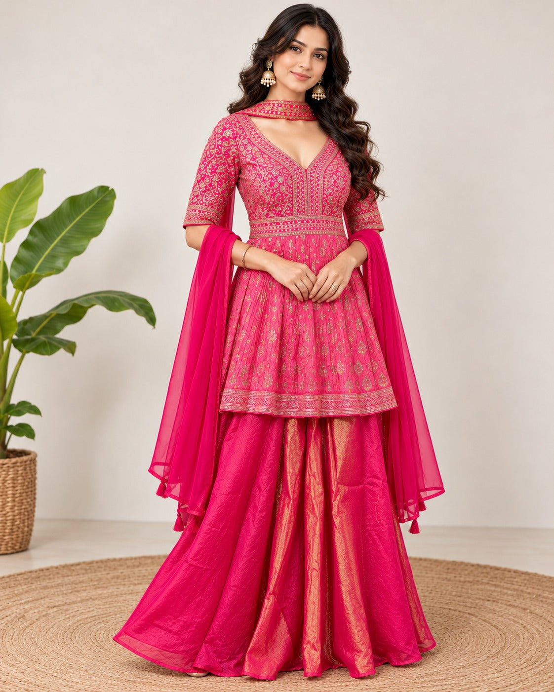 Embroidered Fuchsia Pink Peplum Sharara Set