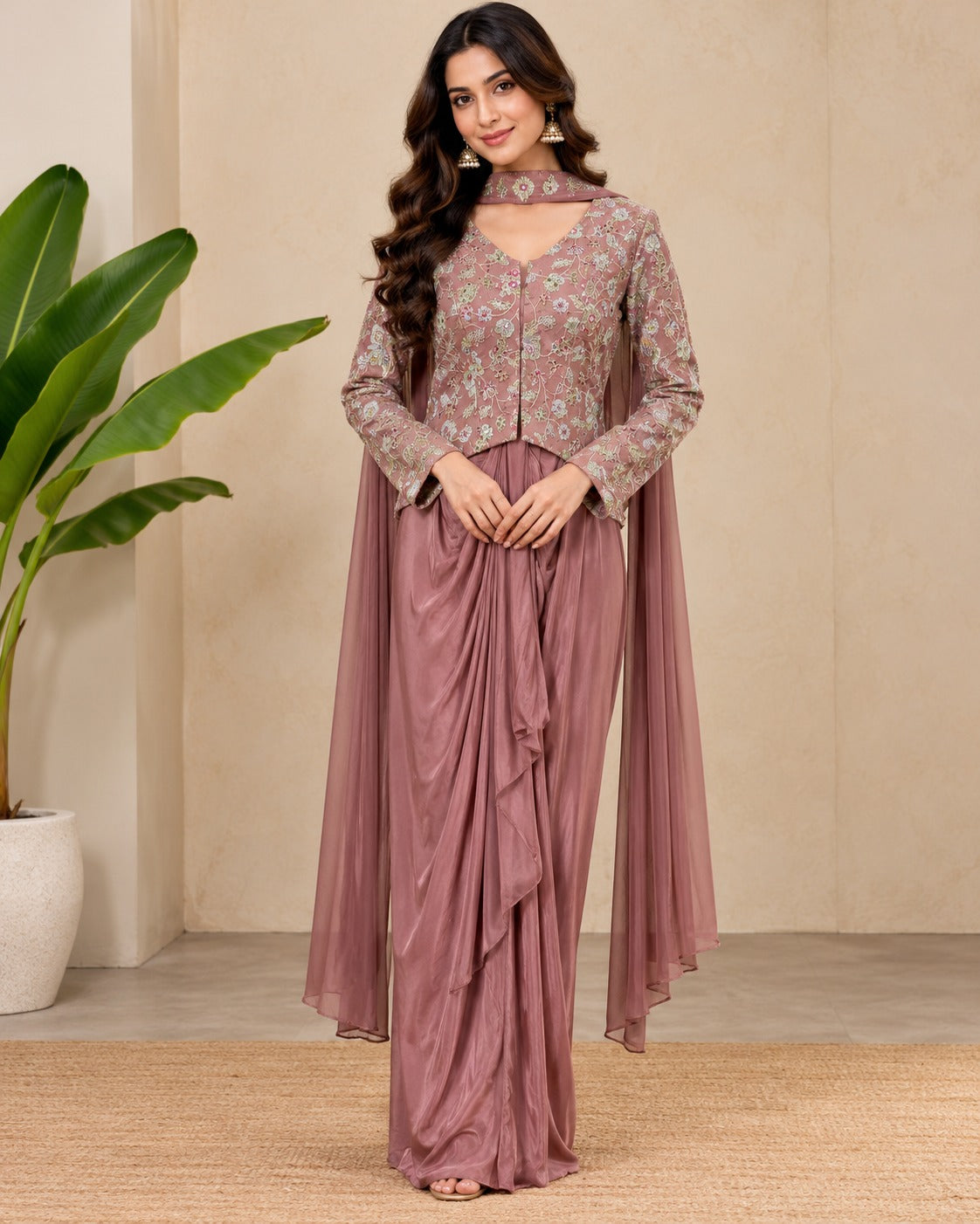 Embroidered Mauve Jacket Draped Gown Set