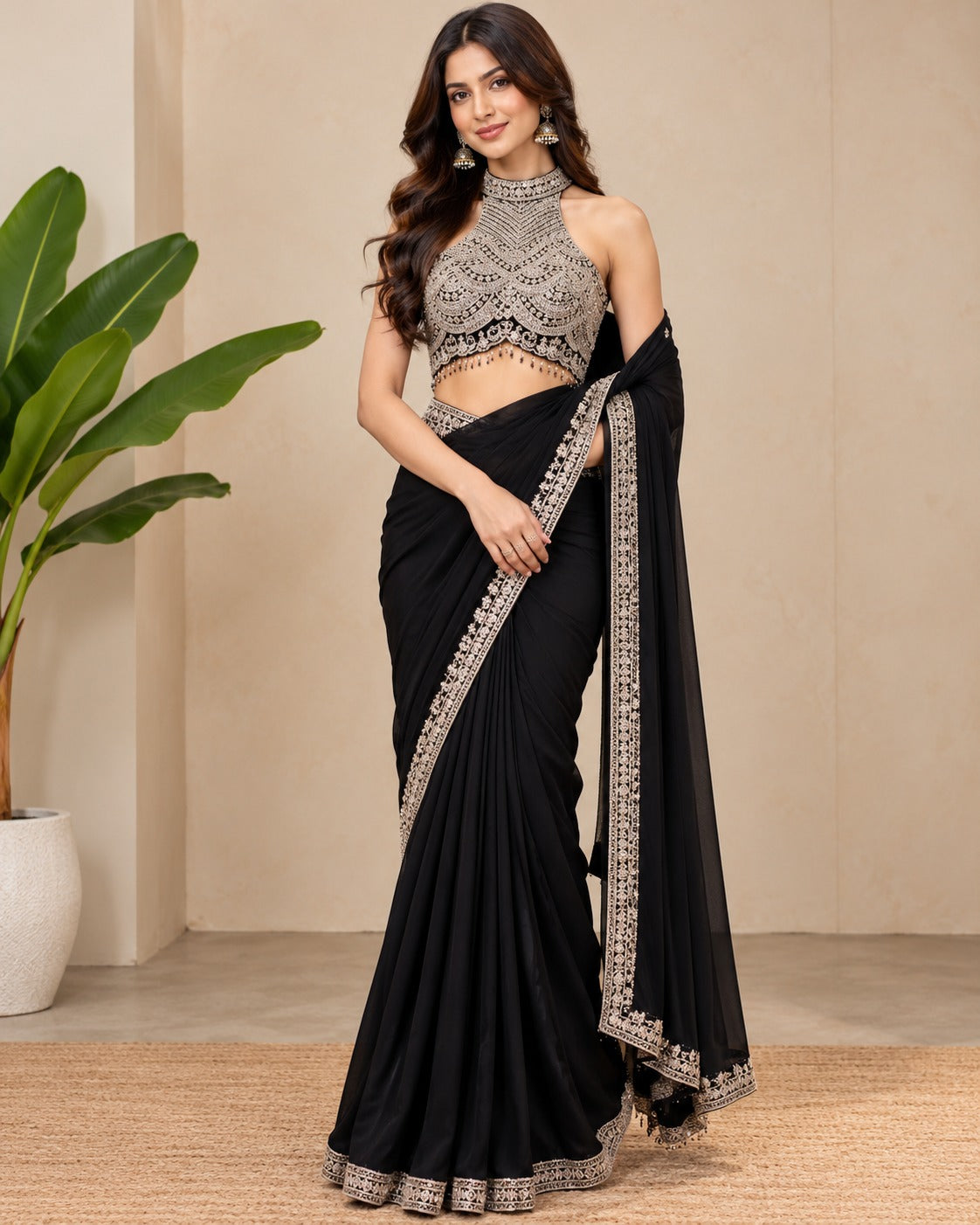 Embroidered Black Halter Ready-to-Wear Saree Set