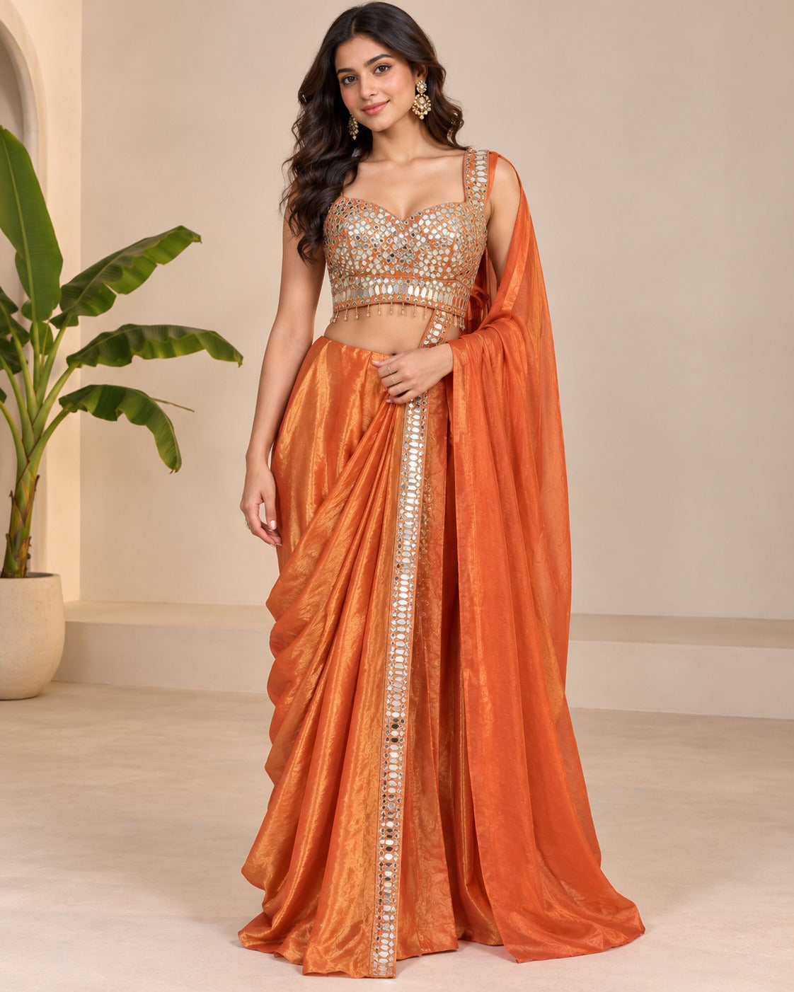 Mirror Work Orange Ready-to-Wear Saree Set