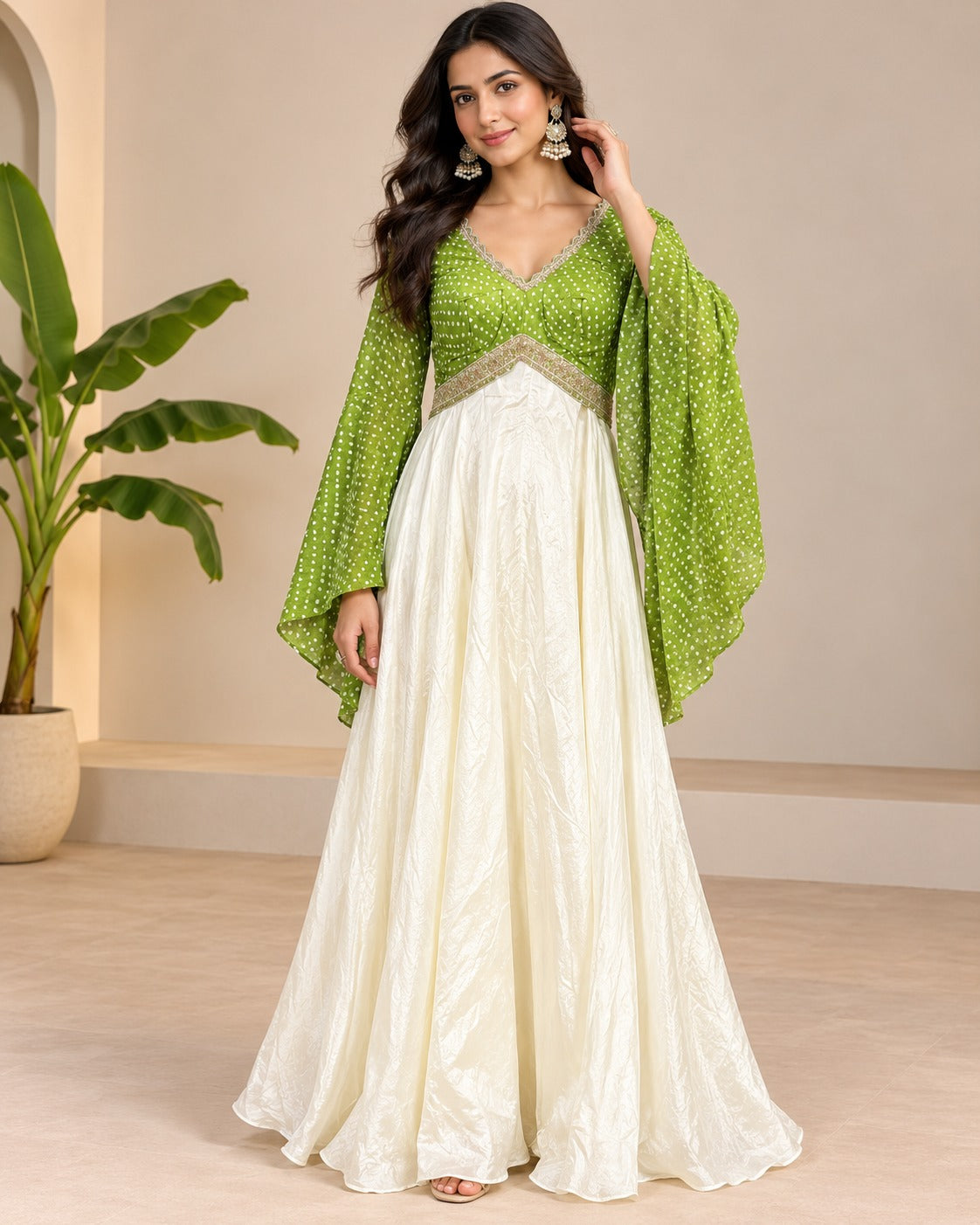 Bandhani Print Green Off-White Gown Set Main image