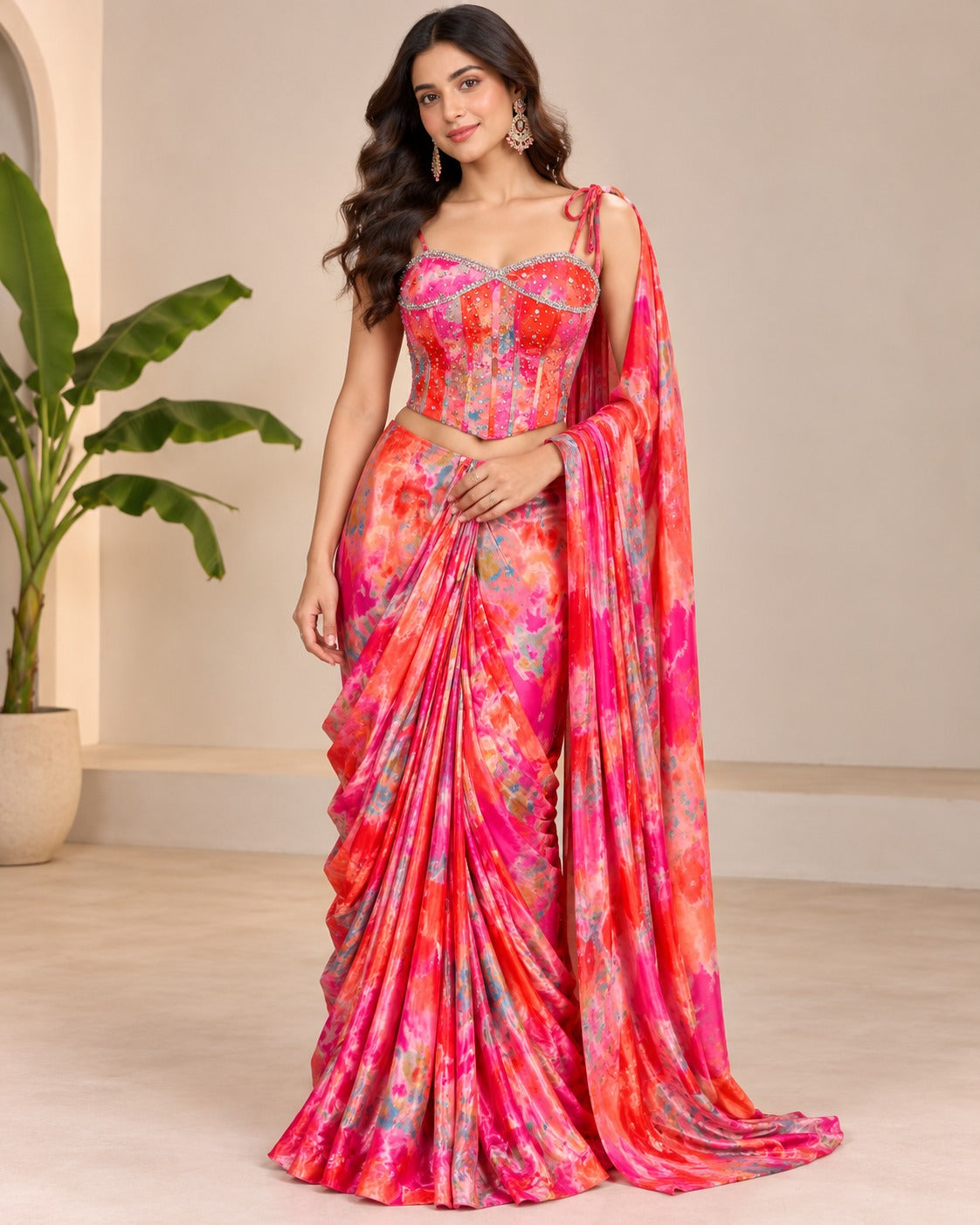 Tie-Dye Pink Corset Ready-to-Wear Saree Set Main image