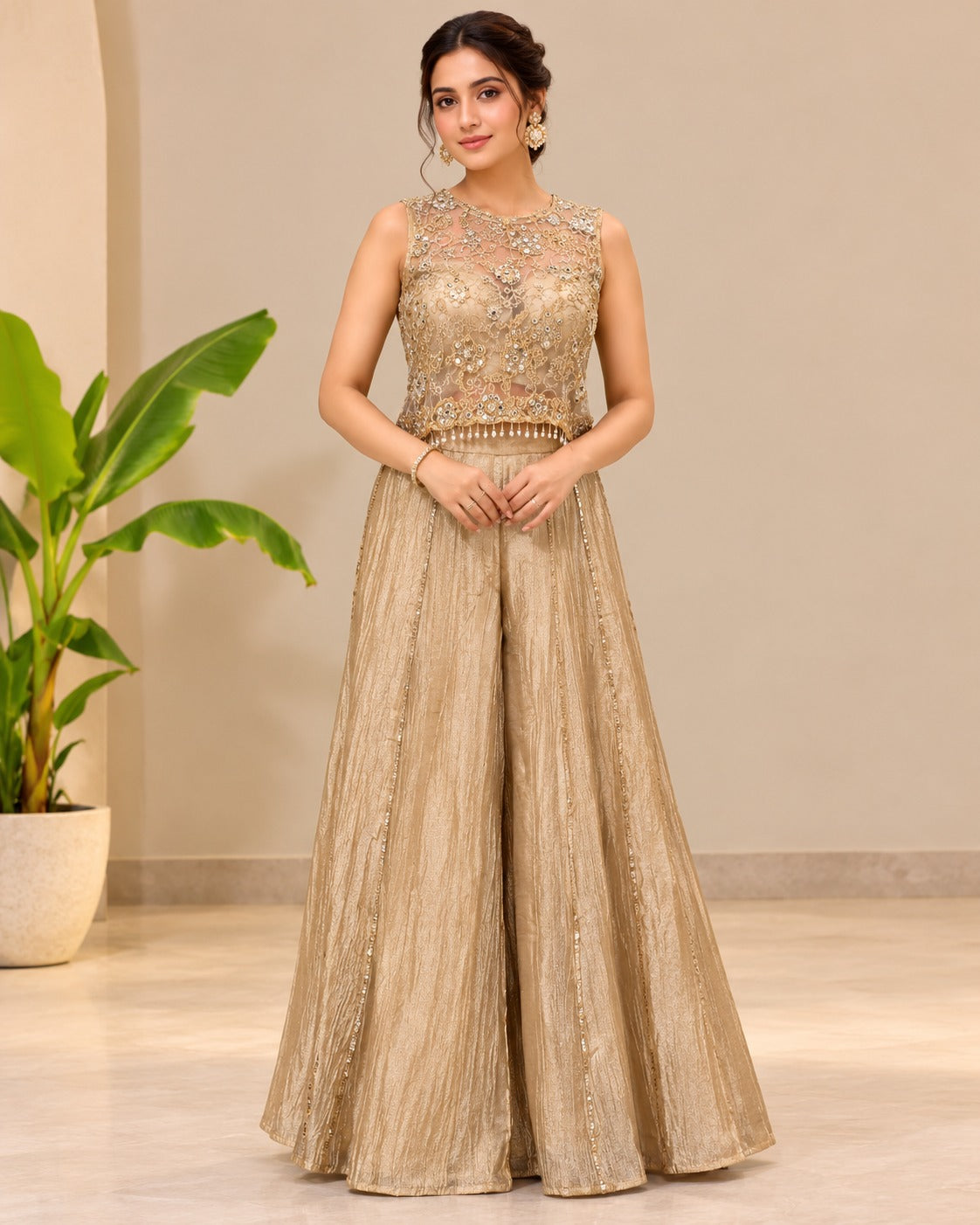 Embroidered Gold Sheer Crop Top Palazzo Set