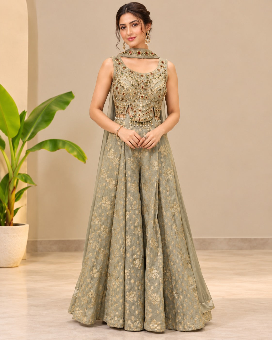 Embroidered Sage Green Jacquard Palazzo Set