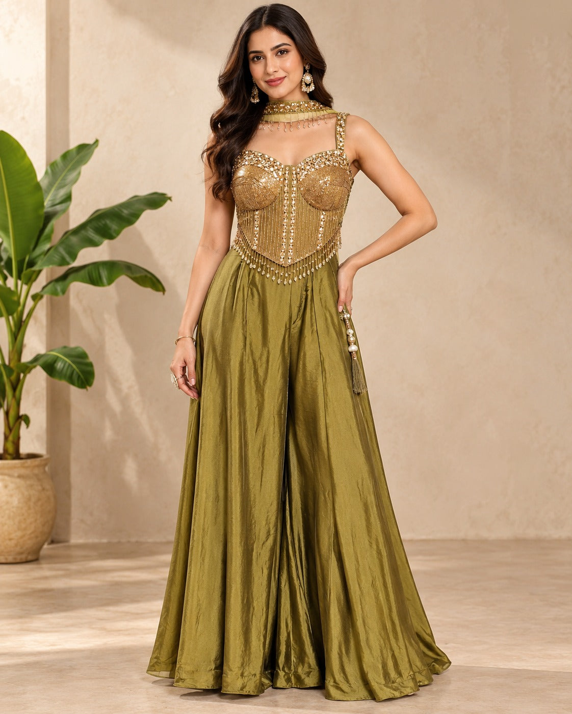 Embroidered Olive Green Corset Palazzo Set
