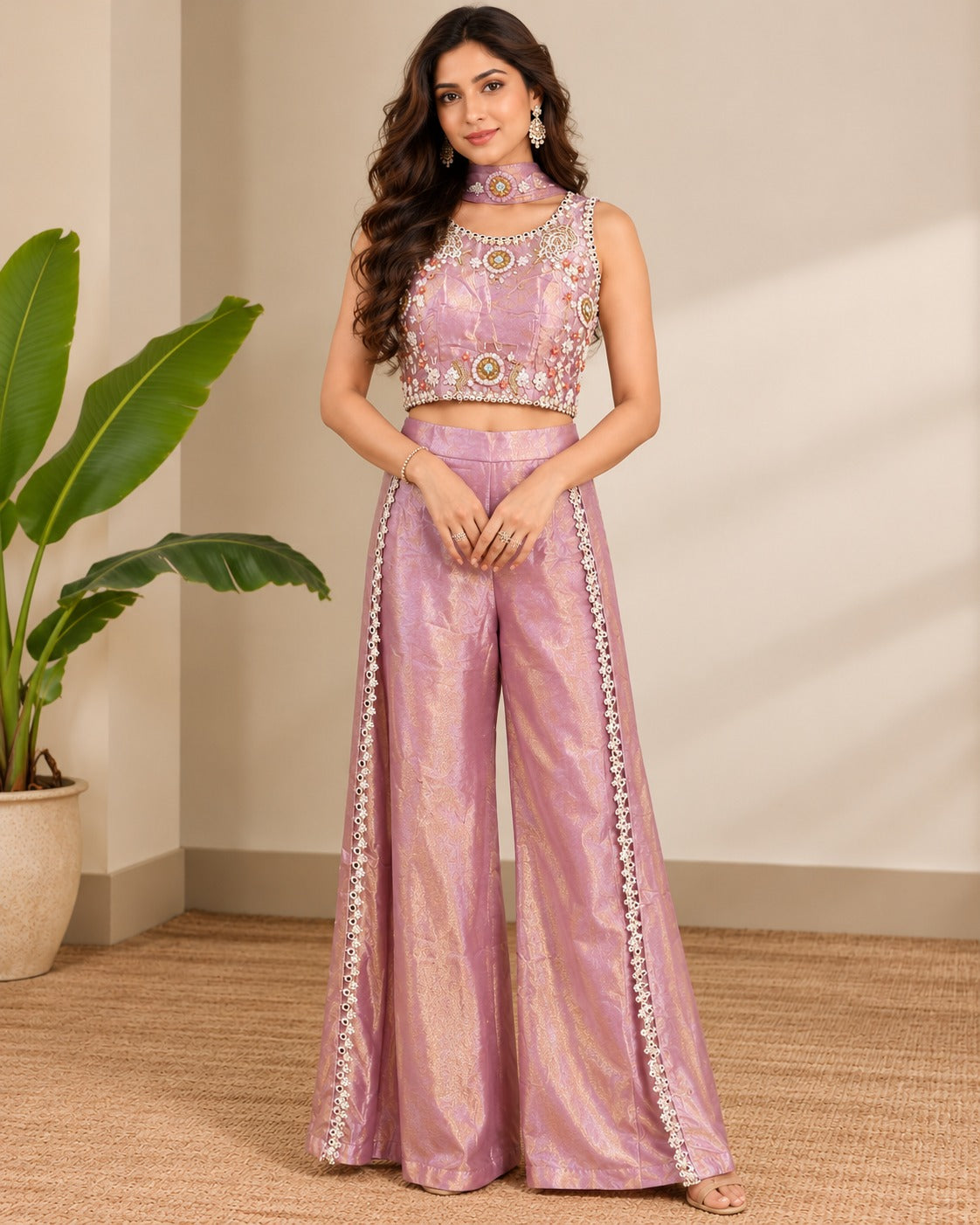 Embroidered Lilac Tissue Palazzo Crop Set