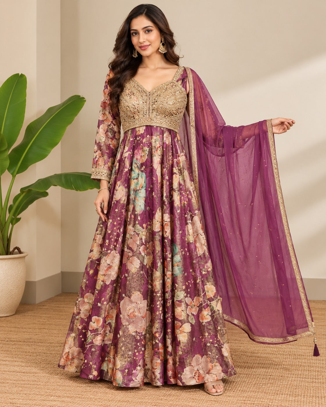 Floral Printed Purple Gown Dupatta Set Main image