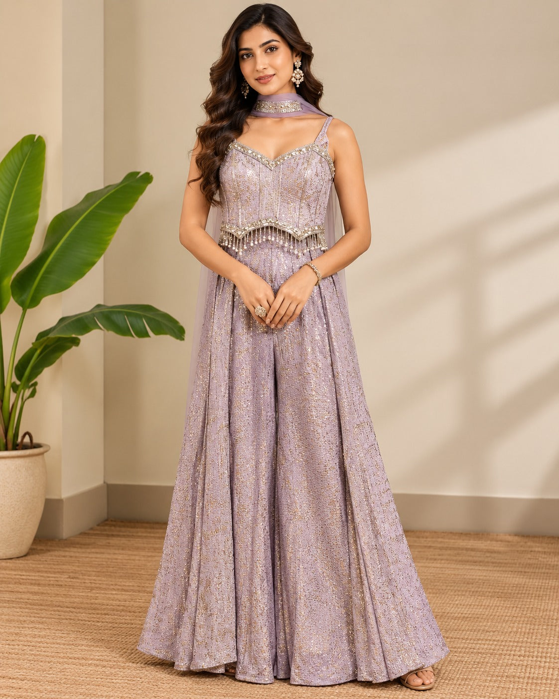 Embroidered Lilac Corset Palazzo Set