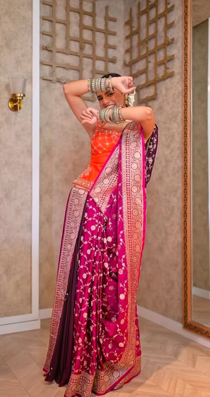 Magenta & Purple Silk Fusion Drape Saree