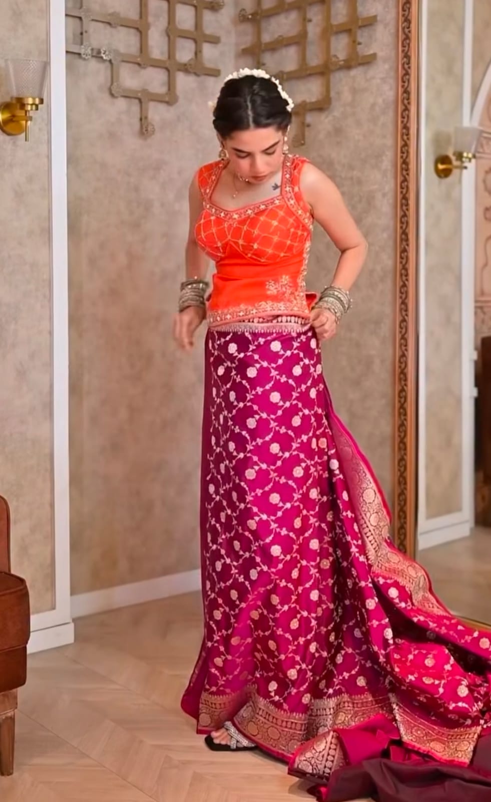 Magenta & Purple Silk Fusion Drape Saree Main image