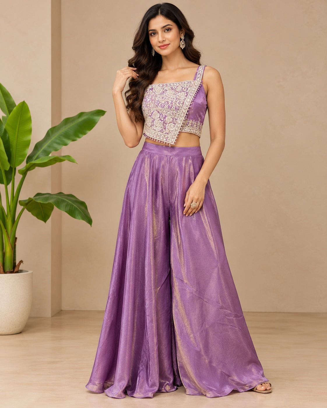 Embroidered Lilac Asymmetric Crop Top Set