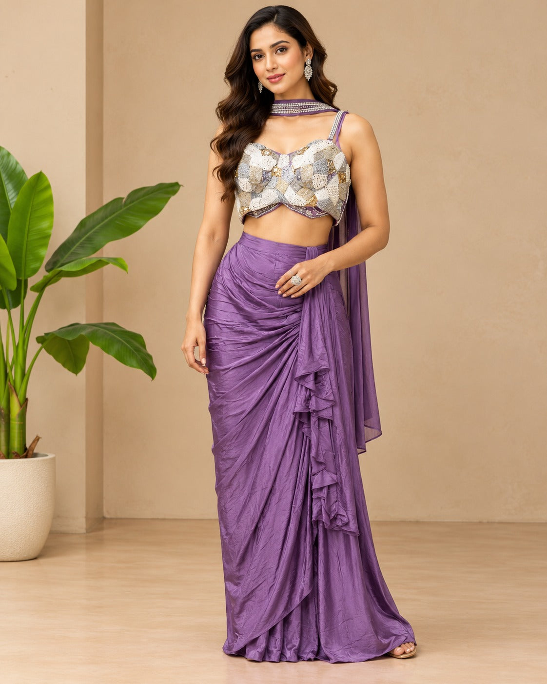 Embroidered Soft Iris Lilac Draped Saree