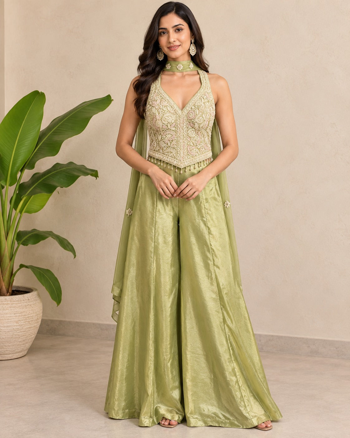 Embroidered Pistachio Green Corset Palazzo Set
