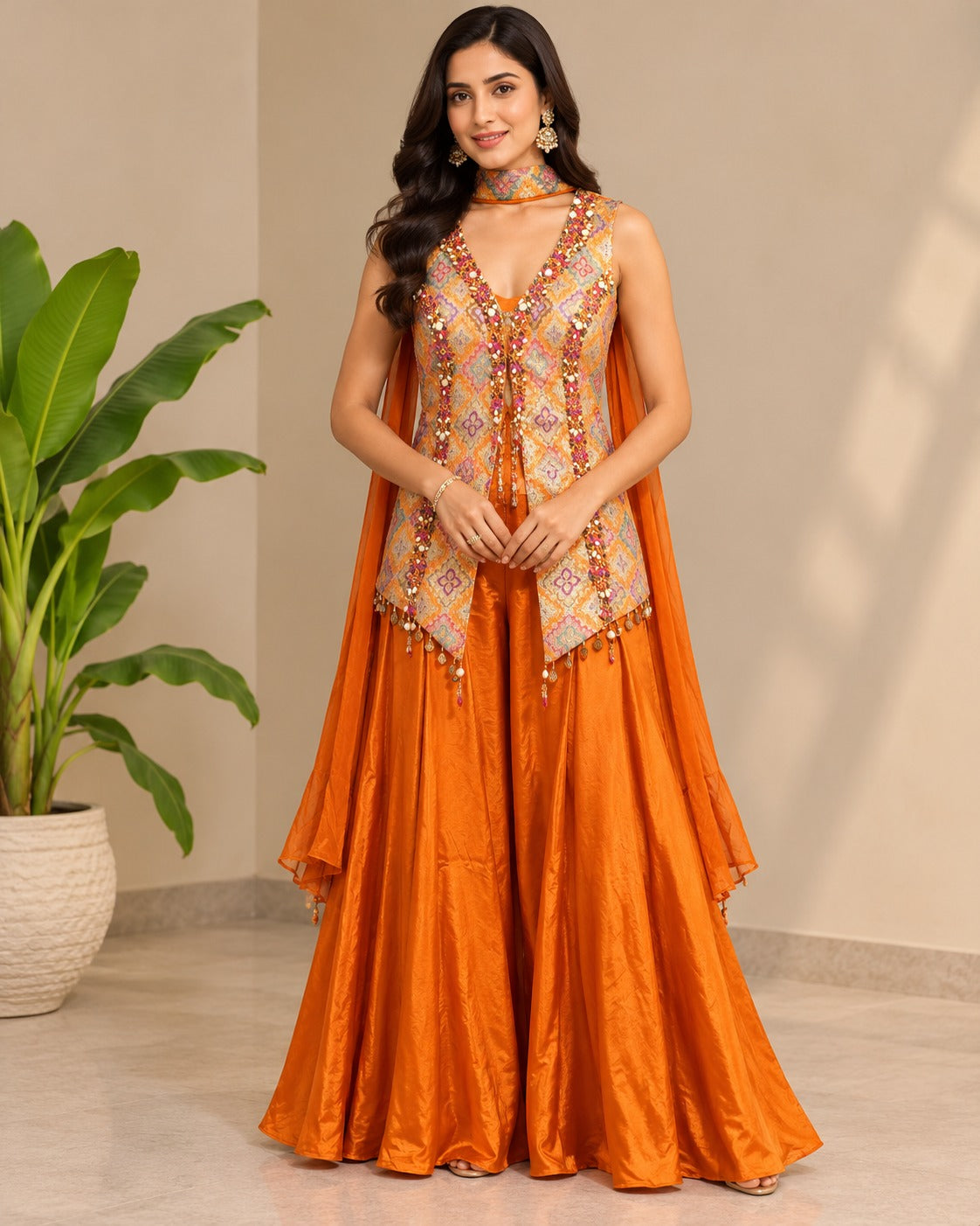Printed Rust Orange Jacket Palazzo Set