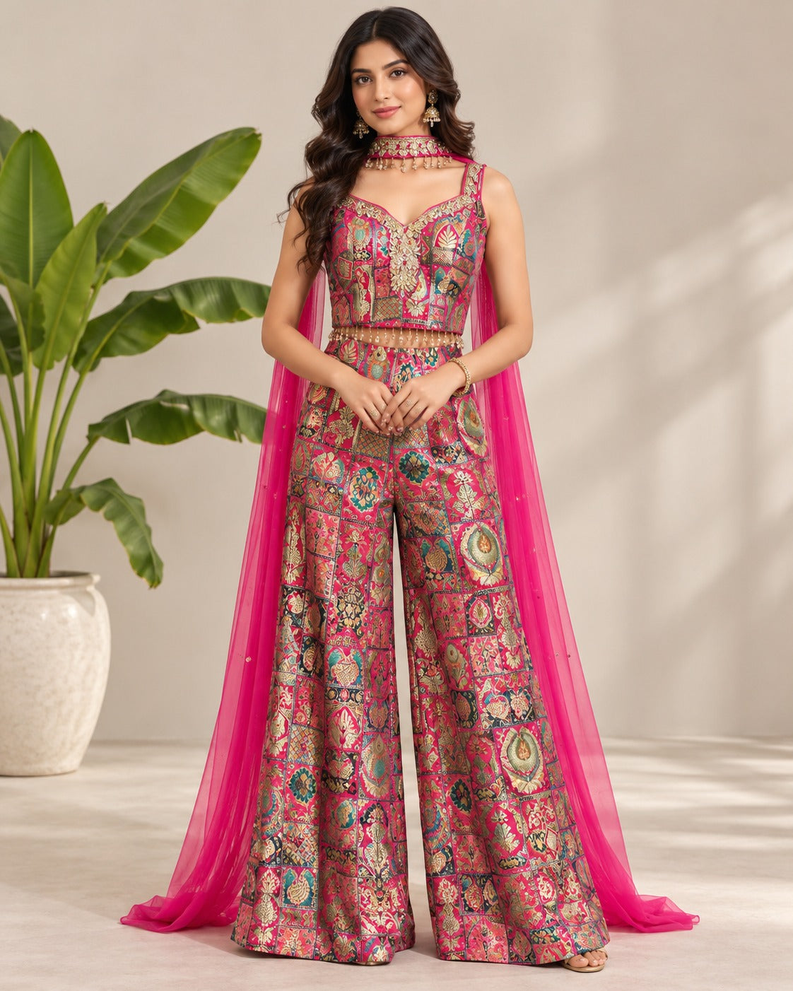 Vibrant Pink Banarasi Brocade Jumpsuit Set