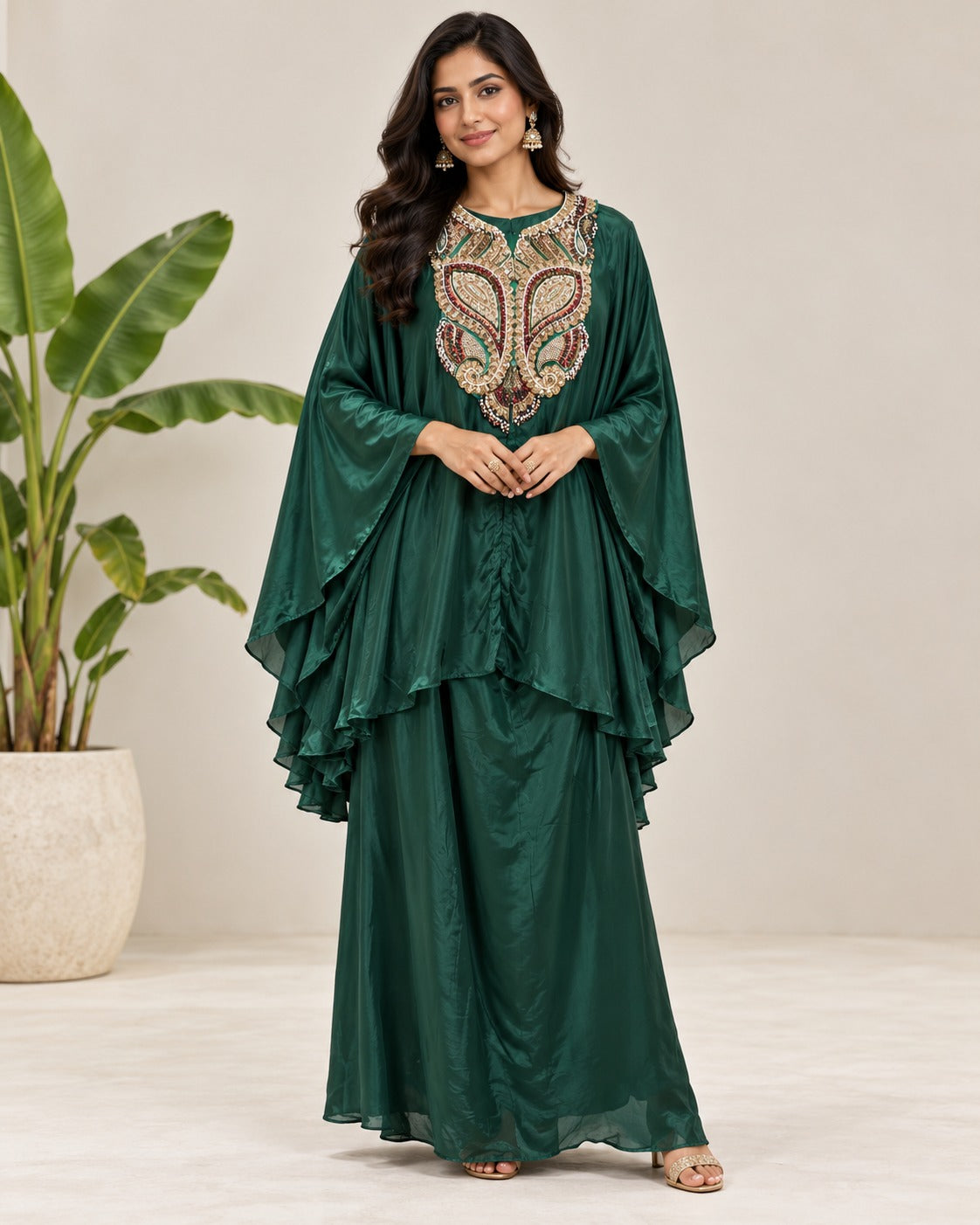 Embroidered Emerald Green Kaftan Set