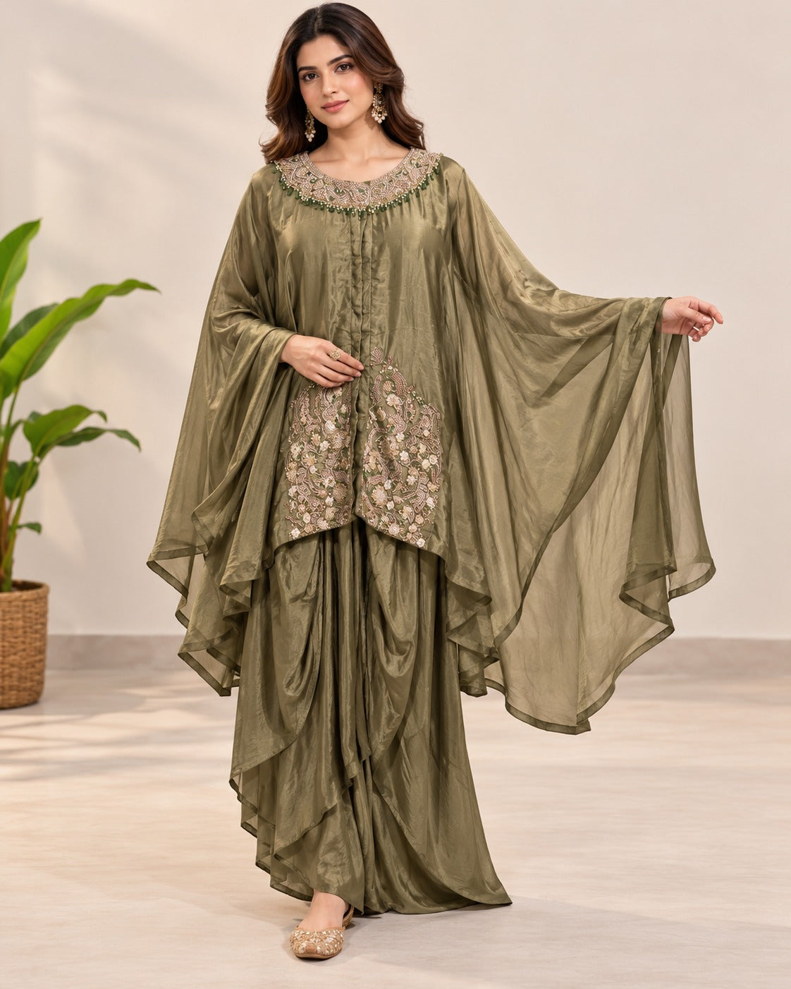 Embroidered Olive Green Cape Dhoti Set