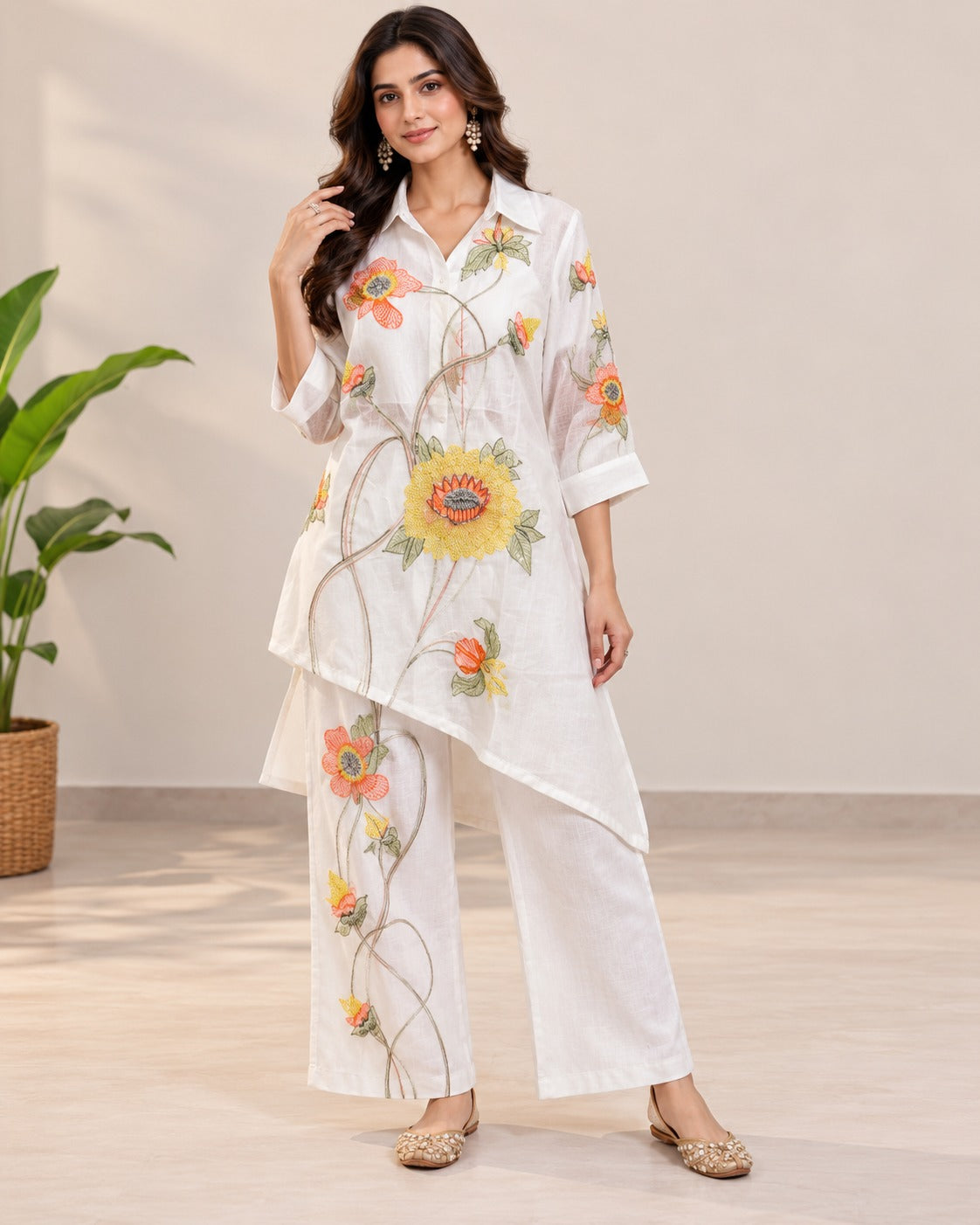 Floral Embroidered White Asymmetrical Trousers Set Main image