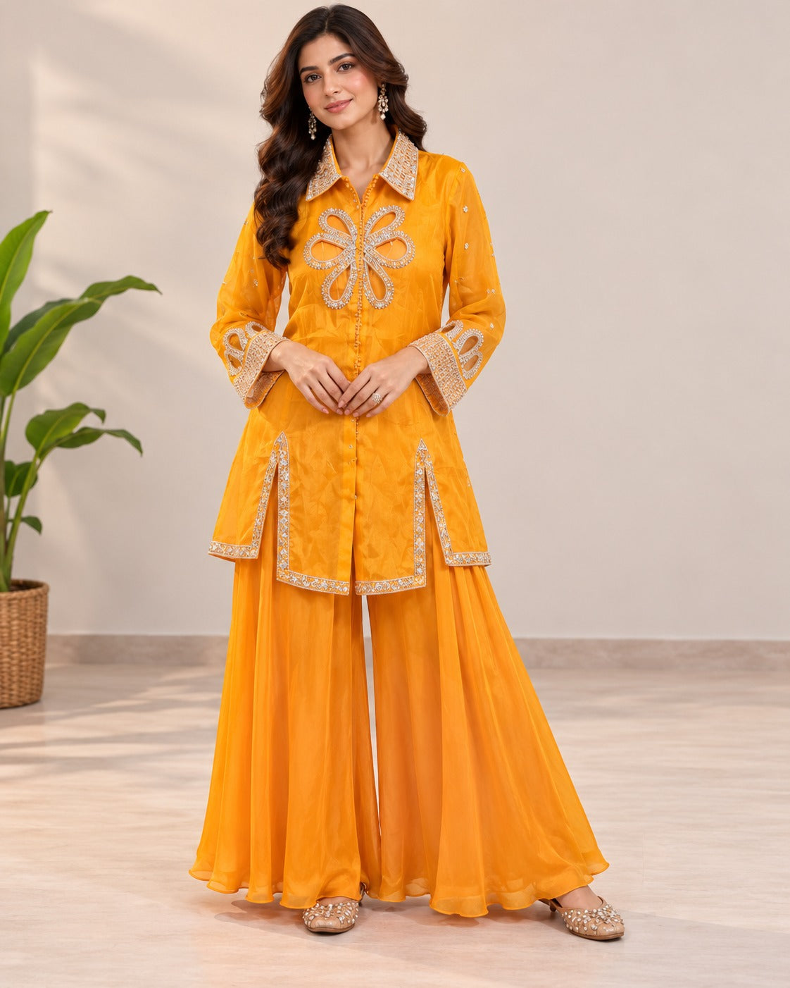 Embroidered Bright Yellow Sharara Suit Se