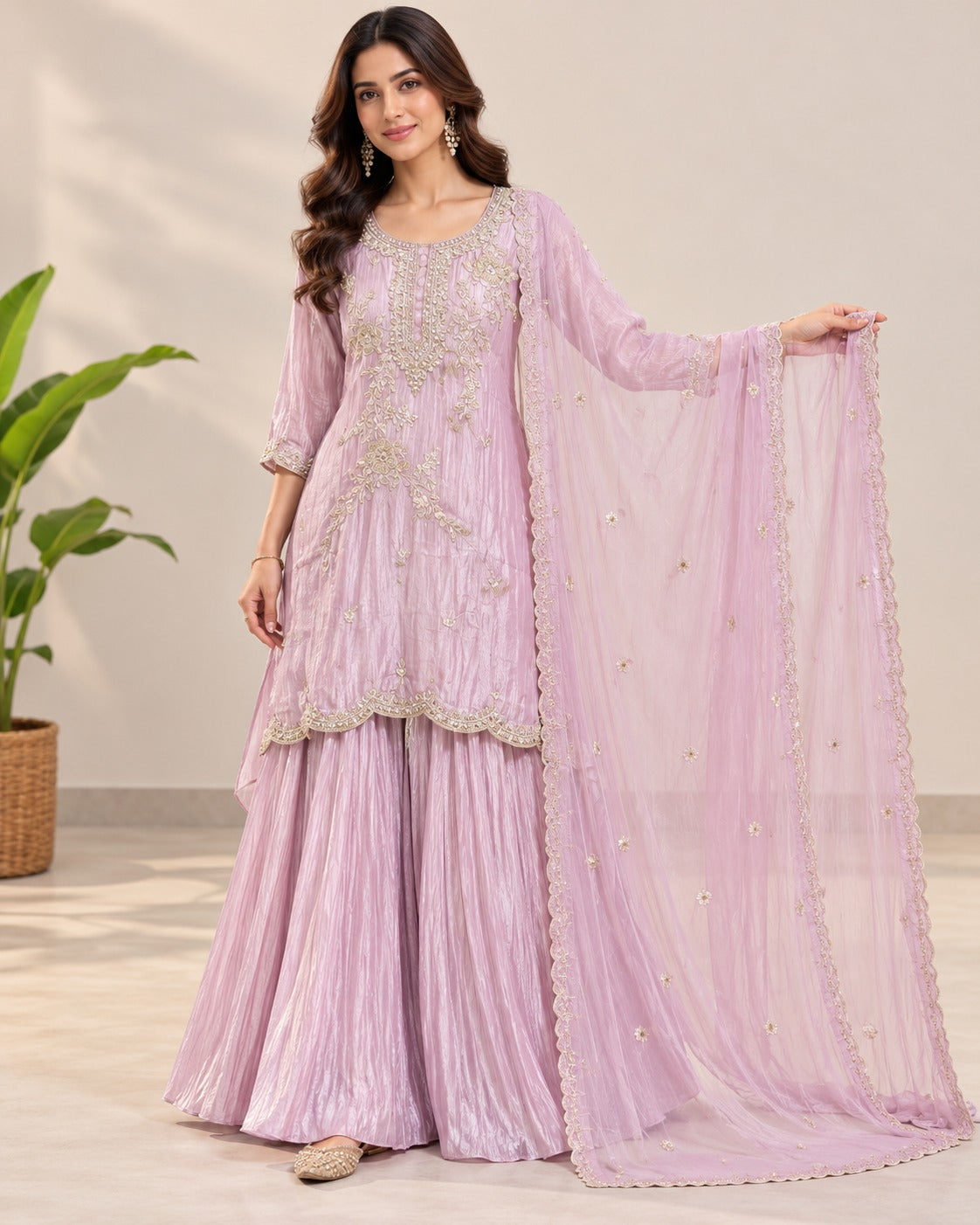 Embroidered Lilac Metallic Sharara Suit Set