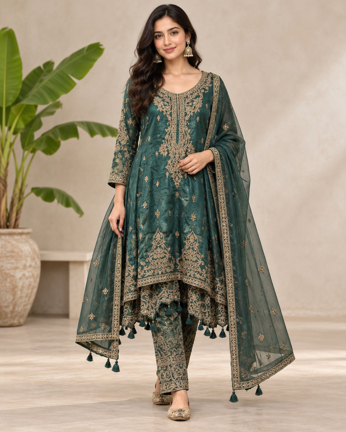 Elegantly Embroidered Teal Green Anarkali Suit